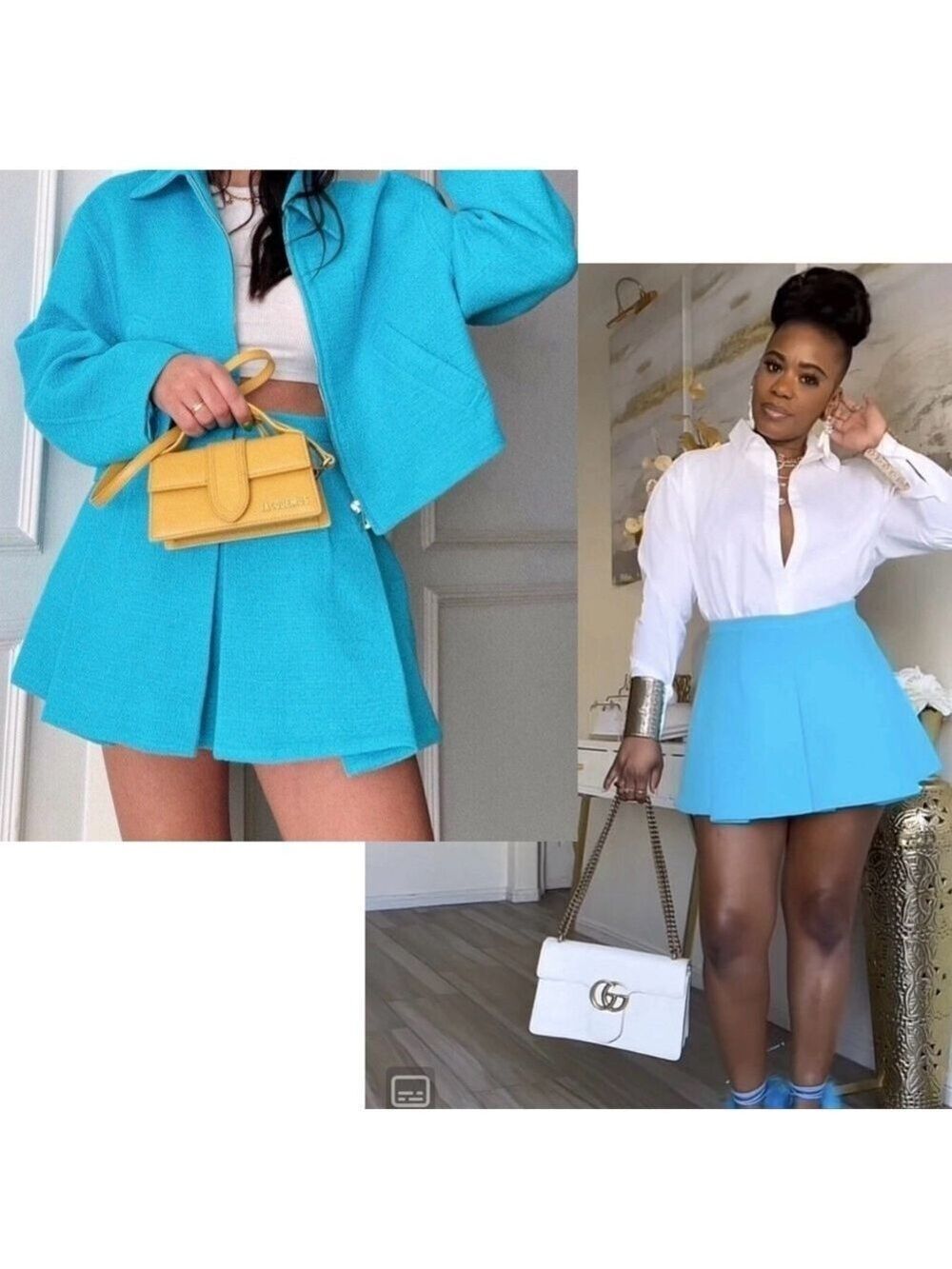 Zara bright sky blue tweed pleated mini skirt skort L bloggers fave NWOT